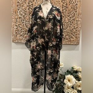 Try!This Black Floral Long Sheer Coverup- One Size